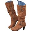 Xbemkste Stivali western da donna a gambo lungo con tacco in pelle scamosciata, stile vintage, stivali alti al ginocchio, caldi invernali, marrone, 37 EU