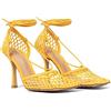 WOkismD 7.5CM/2.95IN Piazza Toe Hollow Mesh Passerella Tacco Alto Sandali Baotou Cross Strap Retro Plus Size Scarpe da Donna,Giallo,36 EU