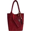 Modarno Borsa shopper da donna in vera pelle scamosciata, con custodia per gioielli dello stesso colore - Borsa a mano - Borsa a spalla (Bordeaux)