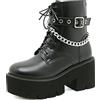 WeFloHsL Stivaletti Anfibi Platform da Donna Punk Gotico con Lacci Tacco Largo Stivali da Combattimento con Catena,Nero,35 EU