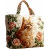 yijan Handmade Cat and Rose Quilted Tote Bag - Original Patchwork Floral Shoulder Bag for Daily Use & Travel (Short Bag(15x14inch))