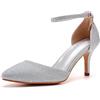 Omeslike Décolleté con Tacco a Gattino Basso con Punta a Punta Glitter Oro da Donna, Sandali con Cinturino alla Caviglia a Spillo da 2,75 Pollici, Scarpe da Cerimonia per Feste di Matrimonio,Argento,39
