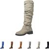 Generic Stivali da cowboy da donna alti in pelle scamosciata, con tacco alto al ginocchio, con plateau, con fibbia, stile retrò, con tacco a blocco, suola profilata, beige., 36 EU