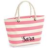 Caribu design Borsa Donna Ragazza Primaverile/Estiva Personalizzata con Nome o Iniziali - Tote Bag Spiaggia Mare Grande Stampa a Righe Manici in Corda da portare a Mano o Tracolla (Rosa/Panna)