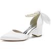 HKMFLYY Scarpe da sposa a punta con perle e tacco basso in raso con fiocco, scarpe da sposa con tacco spesso a blocco, comode scarpe da ballo décolleté, bianco, 38 EU