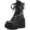 WeFloHsL Donna Stivaletti Anfibi Plateau con Tacco Zeppa Catena Borchiata con Lacci Punta Tonda Stivali Combattimento Punk Gotici