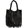 Modarno Borsa shopper da donna in vera pelle scamosciata con frangia più custodia per gioielli dello stesso colore - Borsa a mano - Borsa a spalla (Nero)