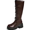 Xbemkste Stivali da motociclista da donna con tacco, comodi, antiscivolo, impermeabili, in pelle, con fibbia per cintura, stile retrò, con gamba larga, eleganti stivali lunghi