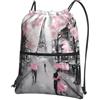 YYHWHJDE Paris Street Torre Eiffel rosa stampa floreale zaino con coulisse - leggero impermeabile borsa da palestra con tasca con cerniera - ideale per viaggi, yoga e sport