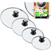 KADAX Set di 4 coperchi universali in vetro, diametro 20/24/26/28 cm, con manico nero/argento, resistenti al calore, per pentole e padelle, risparmiano spazio e facilitano la cottura visiva