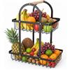 Dexpally Alzata per frutta a 2 ripiani, con manico in legno, in metallo nero, con manico per snack a casa, verdura, cucina, ufficio, frutta