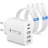 Poukey Caricatore USB C Rapido 50W, 5-Porto Alimentatore USB Multipla Ricarica Veloce Caricabatterie Spinotto Multiplo Carica Spina Rapido Con 2 cavi USB-C 2 Metri per iPhone 17 16 15 14 13 Pro Max, Galaxy