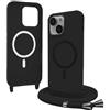 Bigcousin Magnetica Cover con Cordino per iPhone 15 Plus,[Compatibile con MagSafe], Cover in Silicone, Regolabile Cordino da Collo Nylon Catena Collana Tracolla,Nero