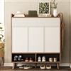VIVCA Credenza scarpiera con 3 ante, 2 cassetti, scomparti per scarpe, scarpiera con gambe in legno, colore bianco/effetto legno, ideale per corridoio, dimensioni 90 x 35 x 100 cm, bianco + naturale