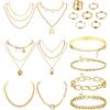 CASSIECA 12 Pezzi Collana Anello Bracciale Set Gioielli Donna Placcati Oro Giallo 14k Collana Bracciali Set di Anelli Nocche Accessori per Costumi Gioielli Regalo di Compleanno Fidanzata Figlia