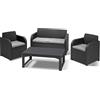 Keter Carolina Lounge Set, Mobili da Giardino con Divano 2 Posti, 2 Poltrone e Tavolino con Altezza Regolabile e Effetto Legno, Grafite
