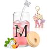 TUZELIYA Tazza in vetro con lettera M con coperchio e cannuccia, regali personalizzati per le donne per compleanno, Natale, San Valentino