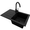 PRIMAGRAN Lavandino da Cucina Tutto Nero 70x44cm, Lavello in Granito a 1 vasca + Rubinetto 32x20cm + Set di accessori, Lavabo da Cucina Incasso al Mobile 45cm - Copenhagen Easy S046