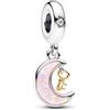 PANDORA Pendente Moments a forma di luna e chiave in argento Sterling e placcato in oro 14k con zirconi cubici trasparenti e opale rosa creato in laboratorio