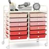 GIANTEX Carrello con 12 cassetti impilabili, carrello con ruote e piano di lavoro, carrello da bagno per soggiorno, cucina, camera da letto e ufficio, 64 x 38 x 62 cm (rosso + rosa)
