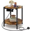 IRONCK Tavolino, Tavolino Rotondo con Multipresa, piccolo tavolino da divano, Tavolino Salotto 2 Ripiani, porta USB e tipo C, Comodino per camera da letto Balcone Patio (Marrone Vintage, 1 pezzo)