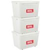 Cetomo 80L*3 Scatole di Stoccaggio con Coperchi, Contenitori in Plastica con Ruote, Clip On, Impilabili, Incastonabili, Organizzatore a Righe per Casa Ufficio, Bianco, 80L-3 Pezzi