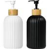 AiQInu 2 Pezzi Dispenser Sapone Bagno in Vetro 400ml, Portasapone Liquido Bagno, Finitura Opaca Ceramica con Tappo di Legno Nero e Bianco, Porta Sapone per Sapone Liquido Lozioni