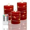 Fanzir Candela Rossa Senza Fiamma con Stringa LED - Set di 3 Candela Cilindriche 10cm, 12.5cm e 15cm con Telecomando