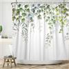 ASDCXZ Tenda da Doccia con Foglie 180x200 cm, Semplicità Primaverile Foglie di Eucalyptus Blu e Verde Fiori di Rosa Bianchi Tende da Doccia Lavabili in Poliestere Tessuto Impermeabile per Vasca da