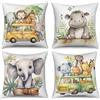 ASDCXZ Set di 4 federe per cuscino per bambini, 50 x 50 cm, motivo: elefante, ippopotamo, leone, giraffa, cuscino decorativo, lavabile, in poliestere, lino, per esterni