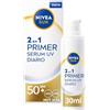 Nivea Sun Primer Sierum UV Diario 2 in 1, siero viso con protezione solare SPF 50+, crema solare viso che protegge e ammorbidisce la pelle, crema solare con acido ialuronico e licocalcón A, 1 x 30 ml