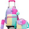 HTgroce Zaino Trolley Scuola Elementare Bambina - Set 3 in 1 con Portamerenda e Astuccio, Zainetto con Ruote Staccabile per Ragazze 8 Anni