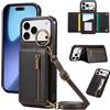 YANJIEER ESONG Cover per iPhone 17 PRO Portafoglio Case con Cordino Cinturino e Ring,Custodia A Libro In Pelle Flip Cerniera,Caso per Donna Con Porta Carte,Magnetica,Supporto Nero