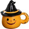 MAGICVOGEL Graziosa tazza da caffè in ceramica, per Halloween, 320 ml, con cappello da strega, coperchio carina, tazza da tè, per Halloween, compleanno, Natale (arancione)
