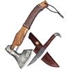 CraftTal Ascia vichinga - Ascia 2 in 1 fatta a mano e coltello a testa di gallina. Manico da 48 cm in legno d'acero. Lama affilata in acciaio al carbonio 1095 con guaina in pelle
