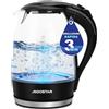 Aigostar Adam - Bollitore Acqua Elettrico in Vetro Borosilicato con LED, 1,7 litri, 2200W, Spegnimento Automatico, Filtro Anticalcare, Base di rotazione a 360° in Acciaio Inox, Teiera Senza BPA Nero