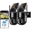 WESECUU Telecamera WiFi Esterna senza Fili Solare 2.5K 4MP con Pannello Solare 5W, Wi-Fi 2.4G e 5GHz, Registrazione Continua 24/7, Batteria 8000mAh, Monitoraggio Automatico PTZ a 360°, IP66, PIR