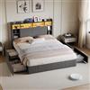 BSCFHCZ Letto imbottito 140 x 200 cm con porta di ricarica LED e USB, letto matrimoniale, grigio scuro con cassetto e ripiano per testiera, struttura moderna in lino antracite con rete a doghe, senza