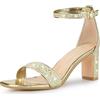 Allegra K Sandali da donna con cinturino alla caviglia glitterato tacco grosso punta quadrata, Oro, 41 EU