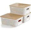 Accmuzzy Set di 3 contenitori con coperchio in bambù, contenitori in plastica con manico, impilabili, per bagno, cucina, camera da letto, scrivania, 25 x 18 x 10 cm (bianco)