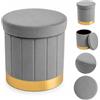cecaro group Pouf Contenitore Rotondo in Velluto 40x40x38 cm - Pouf Contenitore con Seduta Imbottita, Portata 120 kg, Contenitore Salvaspazio per Giochi, Biancheria e Oggetti - Base Oro (Grigio)