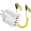 FinalCool Caricatore Multiplo 65W 5 Portes USB C, Doppio QC 3.0+PD 3.1A Tipo C Fast Charger con Cavi di Ricarica Rapida Spirale 4 in 1, Alimentatore USB per iPhone 17/16/15/Pro/Pro Max, Samsung Galaxy, HUAWEI
