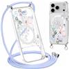 Yirlbey Cordino Cover per iPhone 17 Pro max 6,9'', Aesthetic Blu Fiori Butterfly Motivo Disegno Magnetica Trasparente PC Compatibile con MagSafe Case Corda Laccio Antiurto Protettiva Ragazze Custodia
