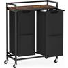 VASAGLE Cesto Portabiancheria, 110 L, Carrello Organizer con 2 Scomparti, Ruote, Sacchi Rimovibili, Tasche, Nero Inchiostro e Marrone Rustico