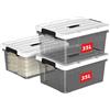 Cetomo 35L*3 Scatole di Stoccaggio in Plastica, Scatole Portaoggetti con Coperchio, Organizzatore con Manico, Contenitori per Casa e Ufficio, Impilabile, Resistente, Nero Chiaro, 35L - Confezione da 3