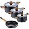 BERGNER EARTH BLACK - Pentole in alluminio pressato 7PC - Induzione - Rivestimento antiaderente ILAG Premium - Manici in legno - Lavabili a mano
