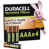 Duracell Batterie Ricaricabili AAA (Confezione da 4), Pile ricaricabili, 750 mAh NiMH, 1000 ricariche, pre-caricate, energia di lunga durata con una confezione plastic free e 100% riciclabile