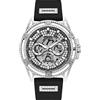 GUESS US Men's Cut-Through Silver-Tone and Black Silicone Multifunction Watch
