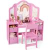 COSTWAY Toeletta Trucco 2 in 1 per Bambina in Legno Robusto, Rosa | Specchiera Staccabile per Ragazza 3+ con 4 Cassetti in Tessuto, Sgabello e Specchio , Postazione Trucco, 104 x 40 x 117 cm