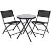 Baroni Home Set Giardino Pieghevole 3 Pezzi con 2 Sedie e Tavolo Rotondo in Vetro Temperato Ø60 cm, Set da Balcone e Terrazzo, Sedute Impermeabili (Nero)
